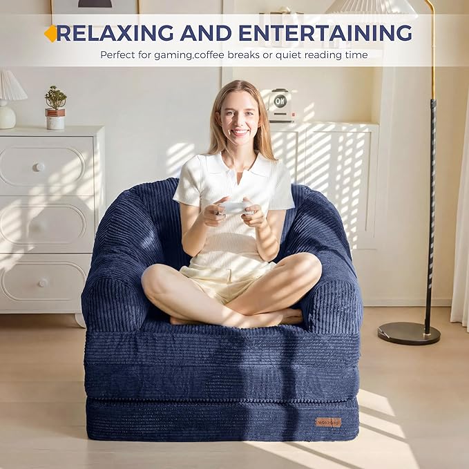 MAXYOYO Folding Sofa Bed with Backrest, Boneless Fold Out Couch Bed with Handle, 2 in 1 Convertible Bean Bag Chair to Floor Sofa Lounger, Comfy Folding Couch for Bedroom & Living Room, Navy