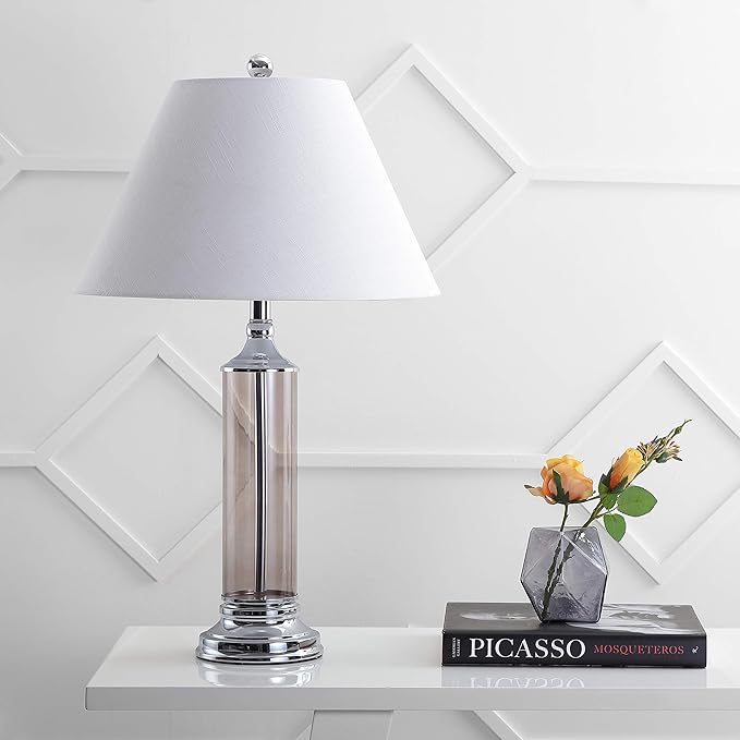 JONATHAN Y 29" Smoked Gray Glass LED Table Lamp Set of 2, Modern Bedside Nightstand Lamps for Living Room Bedroom Office, White Linen Shade, Transitional Decor (JYL4014B-SET2)