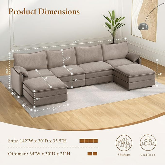 Vesgantti 142" U Shaped Sectional Couch, Comfy Cloud Modular Sectional Sofa with 2 Ottoman Deep Seat Chenille Modern Cloud Sofa, Modular Sofas for Living Room, Bedroom and Apartment, Light Brown | Sink-in Comfort, Height Adjustable, Easy Rearrangement,...