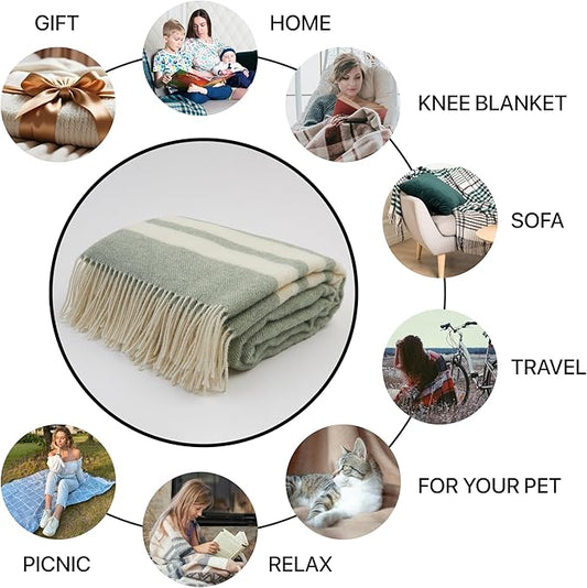 | Wool Blanket/Throw | 100% New Zealand Wool | Perfect for Home and Outdoors | Virgin Wool Blanket with Fringes 55"x79" (140 x 200 cm)