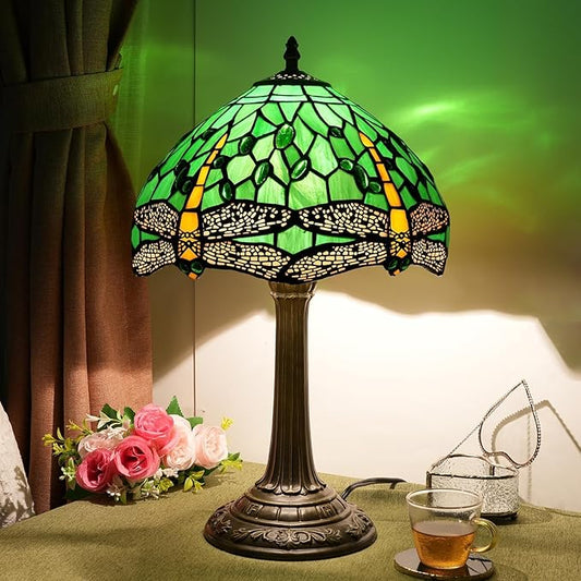 Tiffany Lamp Green Dragonfly Stained Glass Table Lamp 12X12X18 Inches Green Dragonfly Style Desk Reading Light Decor Beside Bedroom Living Room Home