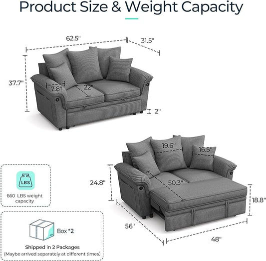 LINSY HOME Sectional Loveseat Sofa with Pull Out Chaise (Gray, 62.5'') | USB Charging, Pillow-style Armrest, Multiple Cushions, Side Storage Pockets, Corduroy Fabric