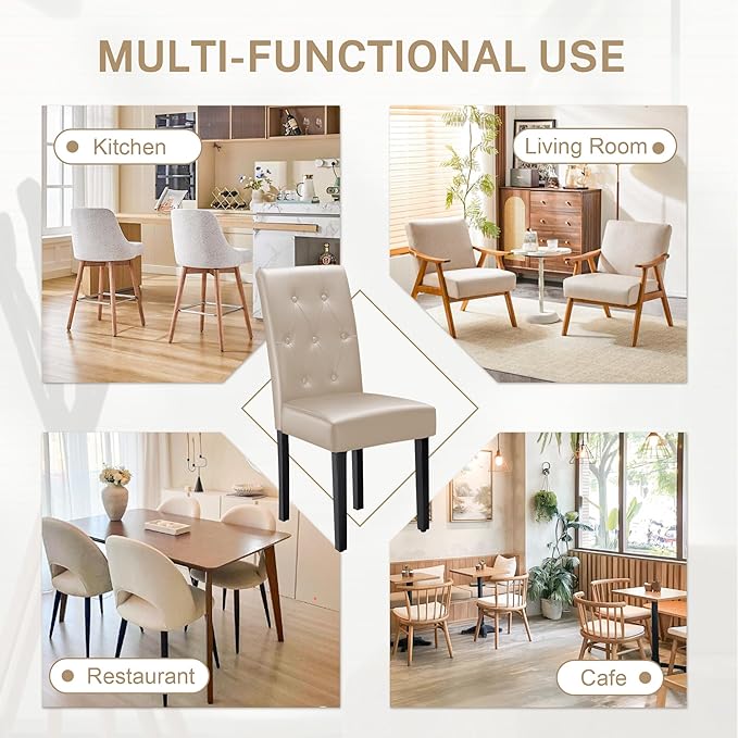 Furmax Ergonomic Dining Chairs Set of 2, PU Leather Dinning Room Chairs, Button Tufted Kitchen Chairs with Adjustable Wood Legs for Kitchen Living Room (Leather Beige, 2)