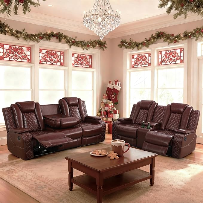 Breathing Leather Power Recliner Sofa Set, 2 Piece Leather Couch and Loveseat Set, Living Room Furniture Set with Storage Console/LED Lighting (Auburn, Sofa+Loveseat)