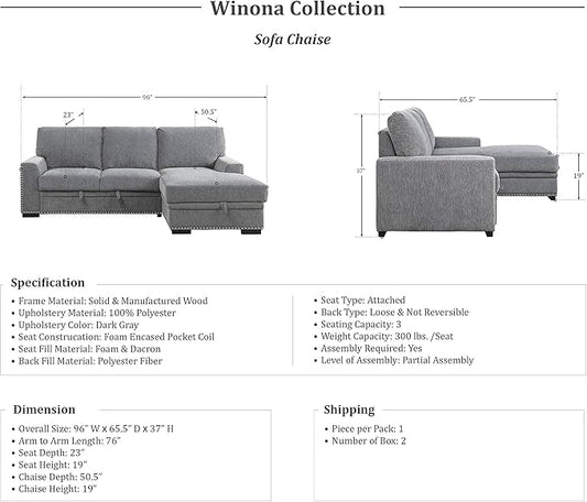 Lexicon Mid Century Modern Sectional Sleeper Sofa Bed Couch with Storage Chaise, Sectional Sofa Pull Out Couch Bed, Sectional Couch Lounge Sofa for Living Room Apartment, Right Side Chaise, Gray