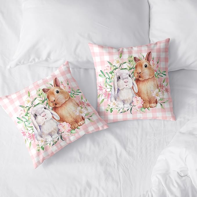 Spring Easter Pillow Covers 20x20 Pack of 2 Lovely Rabbit with Lily Flower Throw Pillow Covers Pink Plaid Bunny Pillow Case for Spring Easter Decoration Sofa Patio Garden
