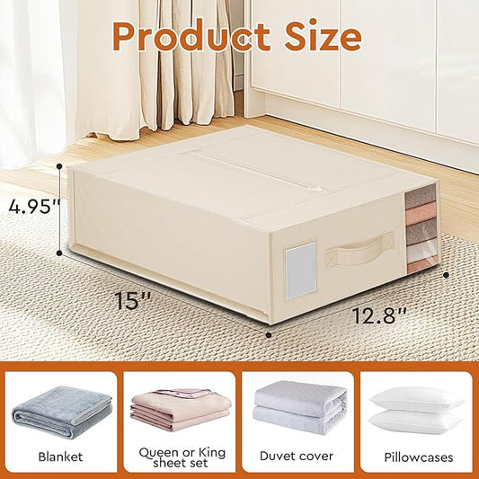 4 Pack Bed Sheet Closet Organizers and Storage,Sturdy Foldable Storage Containers with Window and Label,Storage and Organization for Bedding Sheets,Duvet Covers,Blankets (Beige)