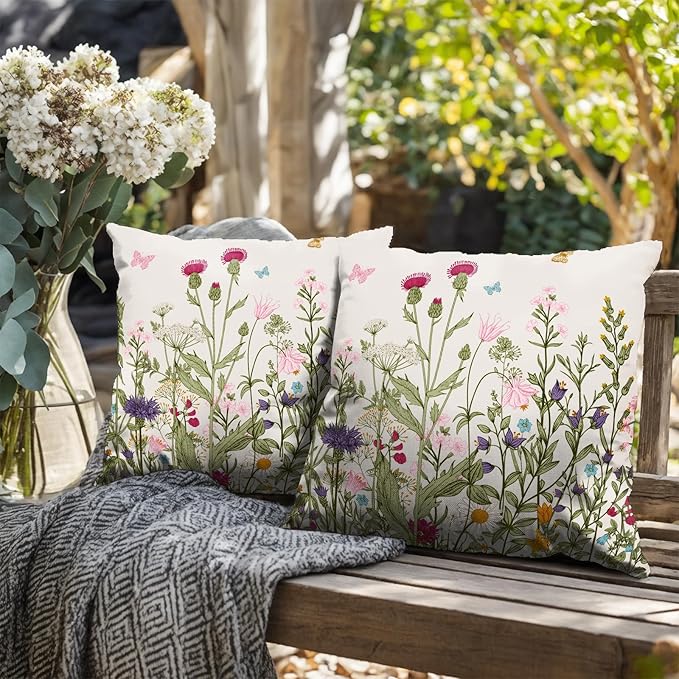 Spring Vintage Floral Pillow Covers 24x24 Set of 2 Sage Green Wildflower Plant Outdoor Throw Pillows Case Summer Rustic Wild Flowers Botanical Print Pillowcase for Farmhouse Sofa Couch Bed Decor