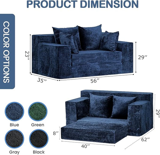 Boneless Loveseat Sleeper Sofa Bed, 3-in-1 Convertible Sofa Bed and Floor Futon Couch (Velvet-Blue, Loveseat (55"))
