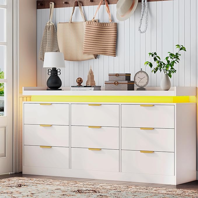 9 Drawer Dressers for Bedroom, White Dresser with LED Light and Power Outlet, Modern Large Dresser & Chests of Drawers, Wood Triple Wide Dressers for Bedroom, Entryway, Hallway