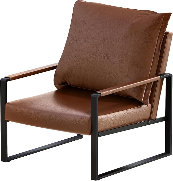 AWQM Modern PU Leather Accent Chair Arm Chair with Extra-Thick Padded Backrest and Seat Cushion Sofa Chairs for Living Room Bedroom, 105 Degree Slant Back, Non-Slip Adsorption Feet-Brown-1(Set of 1)