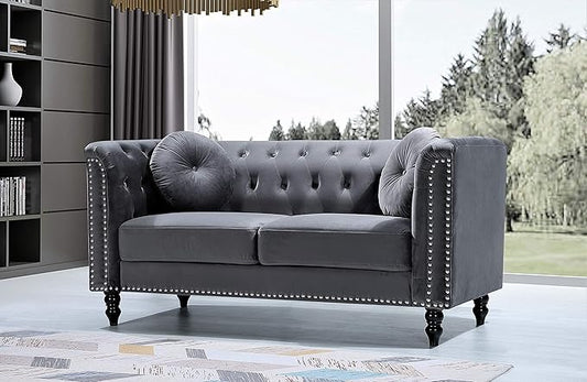 Container Furniture Direct S5370-S Kittleson Velvet Upholstered Modern Chesterfield Sofa with Nailhead Trim, Gray