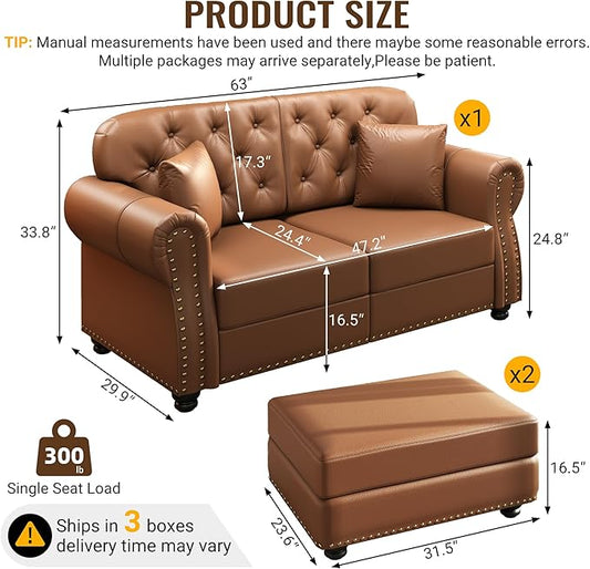 KEIKI 63" Faux Leather Chesterfield Sofa with Rolled Arms & Nailhead Trim & 2 Ottoman, 2-Seater Button Tufted Couch with High Resilience Cushion & 2 Pillow, Easy Assembly, for Living Room, Brown