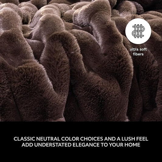 Mon Chateau 60" x 70" Hearthside Faux Fur Throw Blanket, Reversible Soft Blanket for Queen-Size Bed, Couch, or Sofa, Cozy Home Decor and Stylish Living Room Comfort, Winter Cream (Chestnut Square)