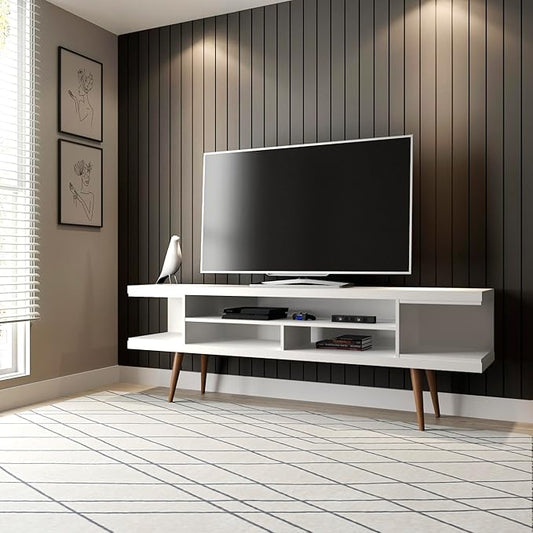 Manhattan Comfort Utopia 70.47" Freestanding Entertainment Center for Living Room, Mid Century Modern TV Stand with Shelves, Storage and Media Holes, Fits 65" Screens, White