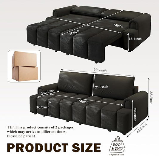KEIKI 90.2" Modern 3-in-1 Sleeper Sofa Bed – Teddy Fabric 4-Seater Couch with Storage, King Size Convertible Sofa for Office, Guest Room, Home Workspace, Reclining Sofa Bed with Casters
