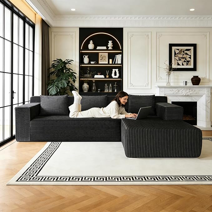 HonTop 103” L-Shaped Modular Sectional Sofa with Chaise, Boneless Comfy Corduroy Fluffy Couch with Deep Seat, Flexible Module Combination for Living Room, No Assembly, Black Right | Friendly Size, Flexible Modular, Family Pet-Friendly, Soft Corduroy, S...