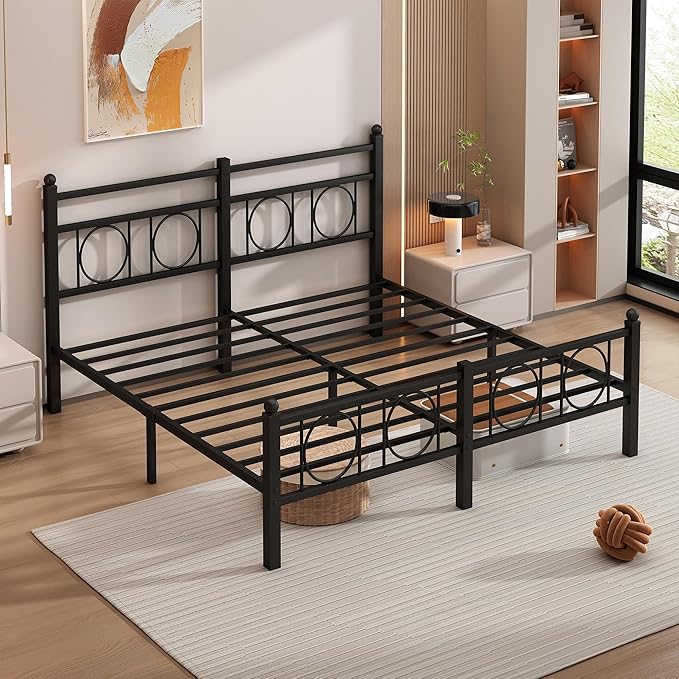 Queen Size Bed Frame Classic Metal Platform Bed Frame Mattress Foundation with Victorian Style Iron-Art Headboard/Footboard/Storage Space/No Box Spring Needed/Black