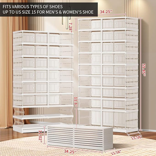 9-Tier Foldable Shoe Rack for Closet Entryway 18-36Pairs,Stackable Clear Shoe Storage Boxes Organizer with Door Plastic Shoe Cabinet Bins with Lids Shoes Shelf Easy Assembly Large White