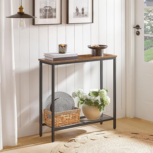 HOOBRO 29.5" Narrow Console Table, Small Entryway Table with Shelf, 2 Tier Thin Sofa Table, Behind Couch Table, Side Table, for Hallway, Living Room, Bedroom, Rustic Brown and Black BF74XG01