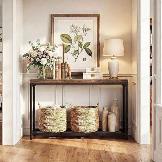 Console Table for Entryway, Narrow Entryway Table with Storage, Sofa Table with Mesh Shelves, Console Tables for Living Room, Bedroom, Hallway, Foyer (2 Tier, Rustic Brown, 47 inch)