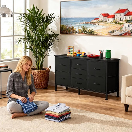 DUMOS TV Stand 7 Drawer Dresser for Bedroom with Storage TV Stands for Living Room Black, Farmhouse Entertainment Center Media Console Table with Metal Frame Adjustable Feet