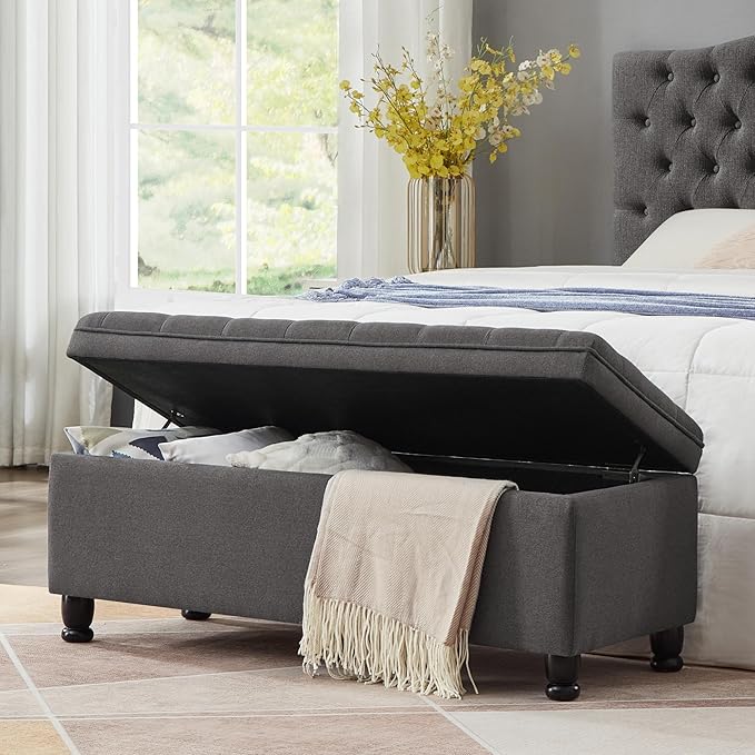 Upholstered Ottoman with Storage,Entryway Bench with Tufted Buttons and Spindle Wooden Legs for Living Room,Bedroom,Dark Gray