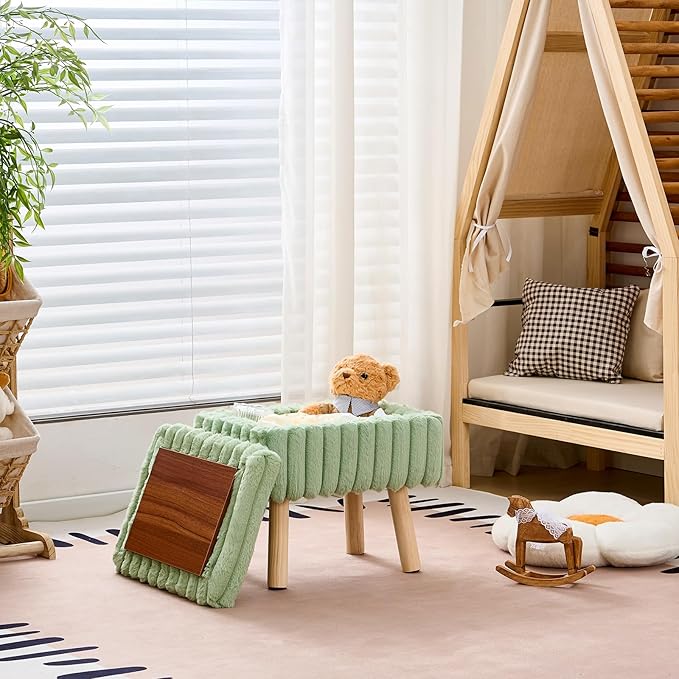 Wimarsbon Storage Ottoman,Soft Faux Fur Footstool with Padded Seat, Small Reading Vanity Chair, Footrest with Wood Tray for Couch, Mini Coffee Table or Display Stand (Light Green)