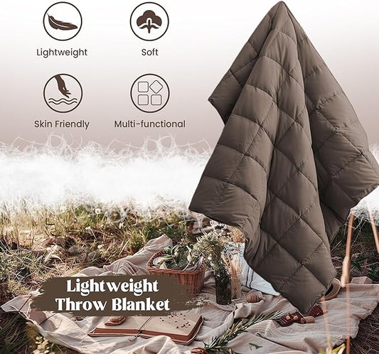 puredown® Soft Feather Down Throw Blanket Lightweight Packable Couch Throw for Indoor and Outdoor Use, Throw 50"X70", Chocolate