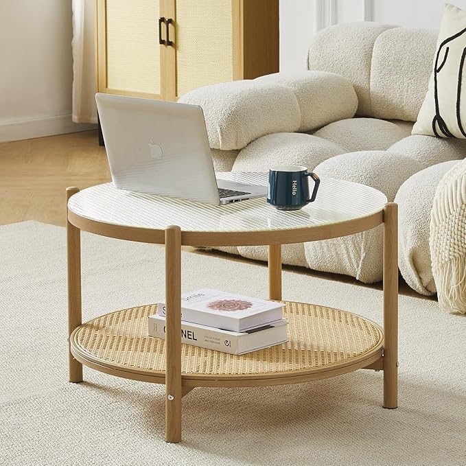 COSVALVE 27.5" Boho Rattan Coffee Table, Round Glass Metal Center Table, Modern Simple 2 Tier Middle Table for Small Space Living Room Bedroom Office Meeting Room