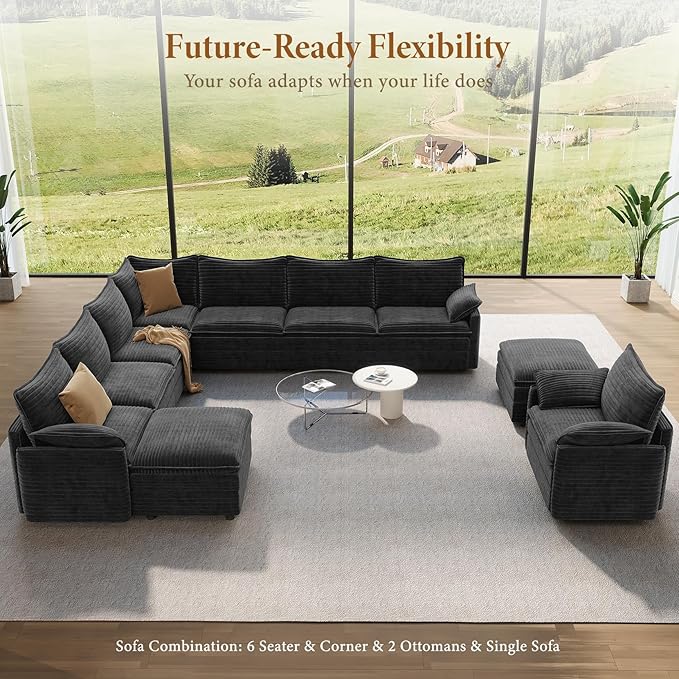 Vesgantti Large Modular Sectional Sofa, Big Comfy Cloud Couch with Ottoman Deep Seat Corduroy Cloud Sofa, 9 Seater Large Sectional Couches for Living Room, Bedroom and Apartment, Gray | Sink-in Comfort, Height Adjustable, Easy Rearrangement, Extra-deep...