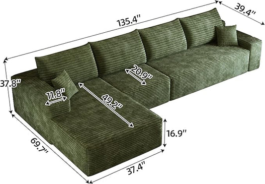 135" Corduroy Couch Sectional with Chaise, L Shape Boneless Cloud Couches for Living Room Bedroom, Modular Corner Couch, Fluffy Deep Seat Compression Sofa, Left Facing Chaise, No Assembly, Green