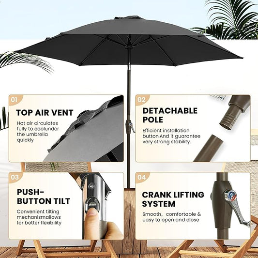 Ayge 7.5FT Large Outdoor Patio Umbrella Market Table Umbrella-UV Resistant, Easy Push Button Tilt and Crank, 6 Sturdy Fiberglass Ribs Heavy-Duty Pool Umbrella for Deck, Backyard,Garden, Yard,Black