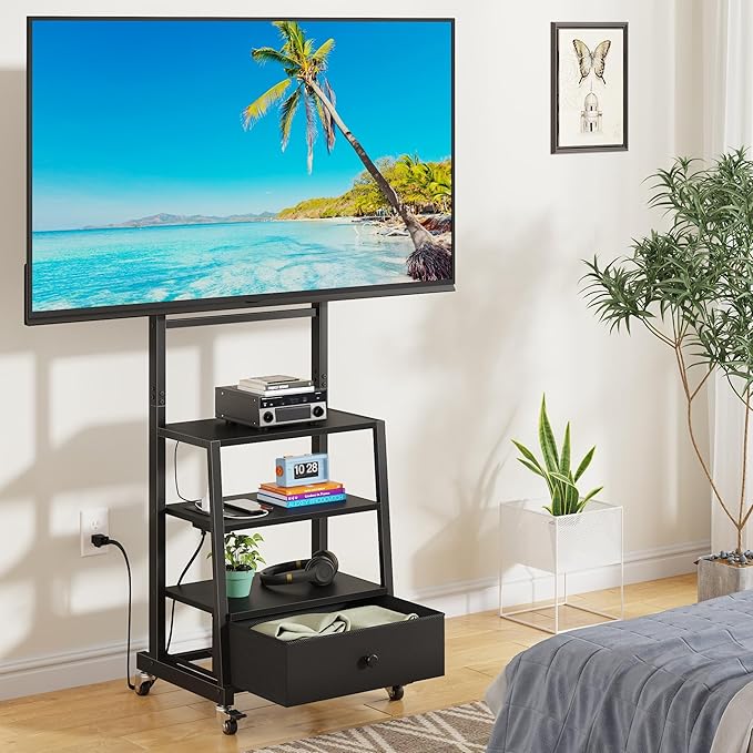 Rolling TV Stand with Wheels and Mount & Fabric Drawer for 32-75" TV - Entertainment Center with Power Outlet and Small TV Stand for Bedroom, Living Room - 18" Black (VESA 600mm × 400mm)