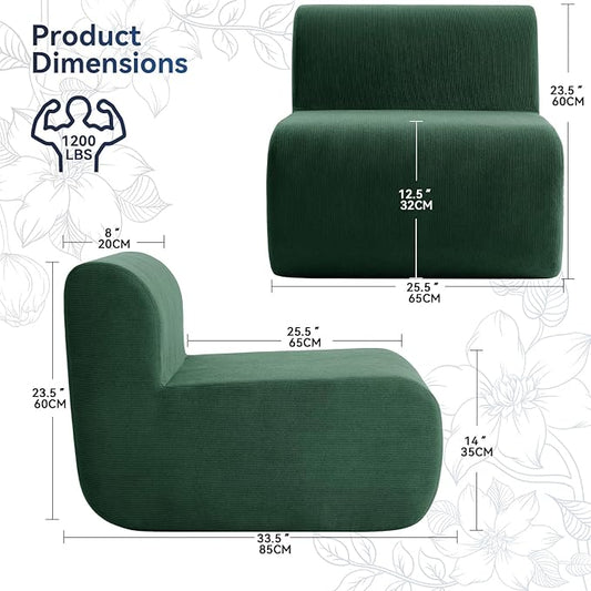 Boneless Couch 26" Single Sofa, 1 Seater Corduroy Couch, No Assembly Modern Compression Sofa in Box, Floor Sofa with Ergonomic Design for Living Room, Dark Green
