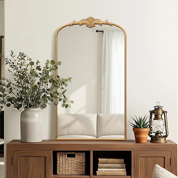 Besdomus Large Vintage Arched Mirror: 24"x42" Arch Gleaming Gold Antique Wall Mounted Mirror - Traditional Ornate Home Decor for Entryway/Fireplace/Bathroom - Idea for Trendy Fashionistas