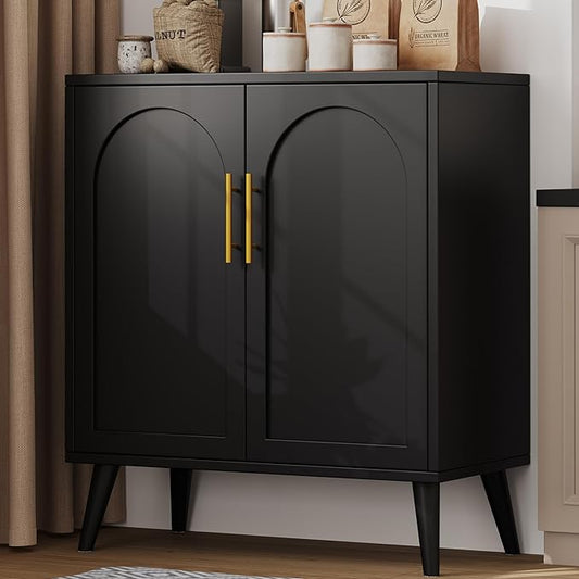 15.7" D Black Buffet Cabinet with Storage, Boho Buffet Sideboard with Adjustable Shelf and Solid Wood Legs, Accent Floor Storage Cabinet for Kitchen, Living Room, Natural