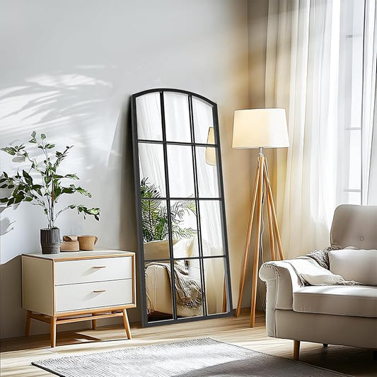 Arched Window Mirror, Arch Windowpane Mirror, Matte Black Window Pane Mirrors, Grid Frame Decorative Wall Mirrors for Living Room, Entryway, 24"x 48"