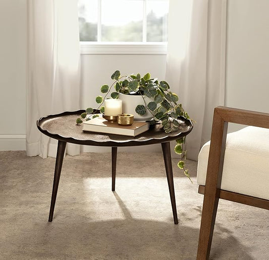 Kate and Laurel Alessia Modern Round Metal Coffee Table, 26 x 26 x 16, Bronze, Sand Cast Aluminum Coffee Table with Raised Deckled Edge for Storage and Display