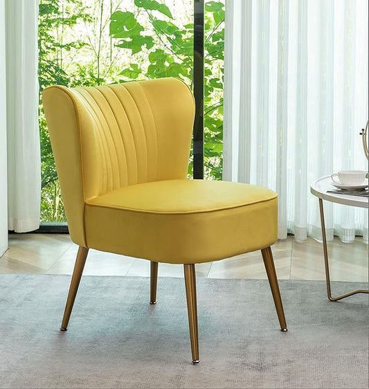 Modern Velvet Accent Chair for Living Room, Bedroom, or Entryway, Stylish and Comfortable Armless Design with Metal Legs, Yellow