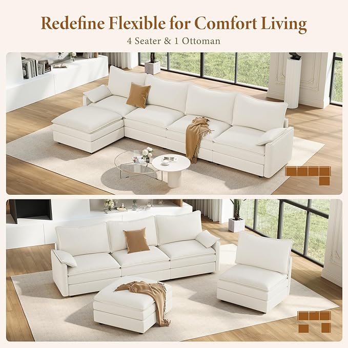 Vesgantti 135" U Shaped Modular Sectional Sofa, Oversized Cloud Couch with Ottoman Deep Seat Chenille Cloud Sofa, Large Sectional Couches Set for Living Room, Bedroom and Apartment, Green | Sink-in Comfort, Height Adjustable, Easy Rearrangement, Extra-...