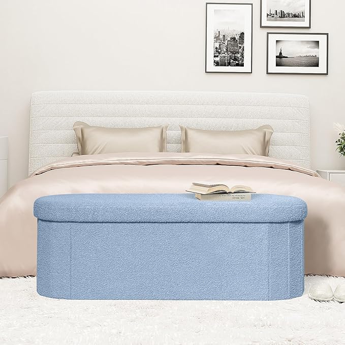 PINPLUS Storage Ottoman Bench Tufted Folding Ottomans Bench Foot Rest, Chest Box Velvet Bench with Storage 43"" x15 x15 (Blue)