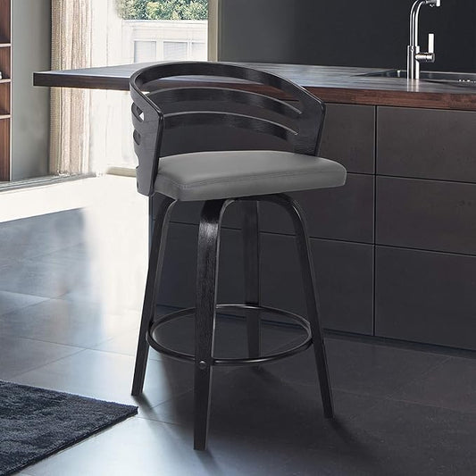Armen Living Jayden Modern 26" Seat Height Swivel Grey Faux Leather and Black Wood Bar Stool for Kitchen Island Counter