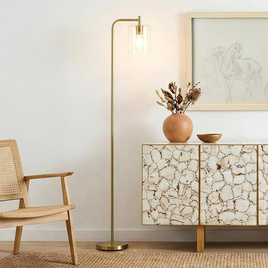 Brightech Elizabeth LED Floor lamp, Tall Lamp with Glass Shade & Edison Bulb, Industrial Lamp for Living Rooms & Offices, Vintage Standing Lamp for Bedroom in Farmhouse or Rustic Style - Gold