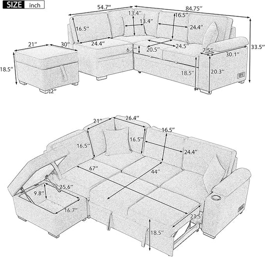 Merax Sofa Bed Sleeper Couch L Shaped Sofa with Storage Ottoman and Cup Holder, L-Shape Sectional Couch with Comfortable backrest and Charging Function for Living Room and Small Apartment (Gray)