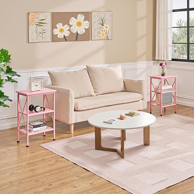VECELO End Side Table Night Stand Set of 2,X-Design with Storage Shelf for Bedroom,Living Room,Pink