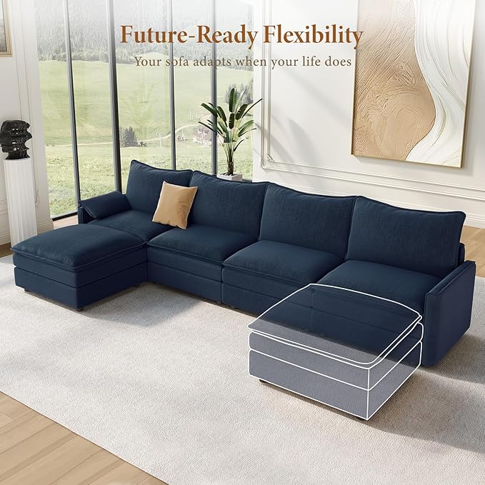 Vesgantti 142" Cloud Couch Sectional Modular Sofa, Comfy Sectional Couch with Ottoman Deep Seat Chenille L Shaped Sofa, Modular Couches for Living Room, Bedroom and Apartment, Blue | Sink-in Comfort, Height Adjustable, Easy Rearrangement, Extra-deep Ot...