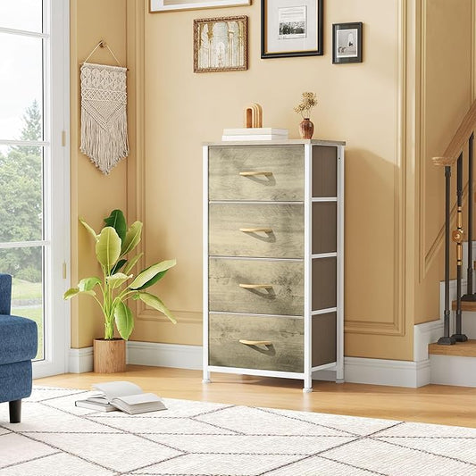 DWVO Dresser with 4 Drawers - Fabric Storage Tower, Organizer Unit for Room, Hallway, Hallway, Closets - Sturdy Steel Frame, Wooden Top & Easy Pull Fabric Bins (Oak Greige)