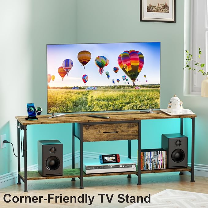 GYIIYUO LED TV Stand for 65 60 55 Inch TV, Entertainment Center with Power Outlet and Fabric Drawers, Industrial TV Console Table for Living Room Bedroom, 55" Rustic Brown