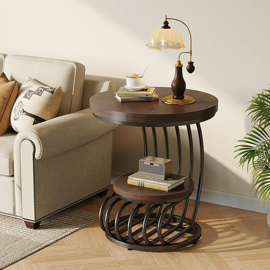 LITTLE TREE Round Side Table, Wood End Table with 2-Tier Storage Shelf, Accent Coffee Table, Creative Curved Metal Frame End Table for Small Spaces, Living Room, Bedroom, Brown + Black